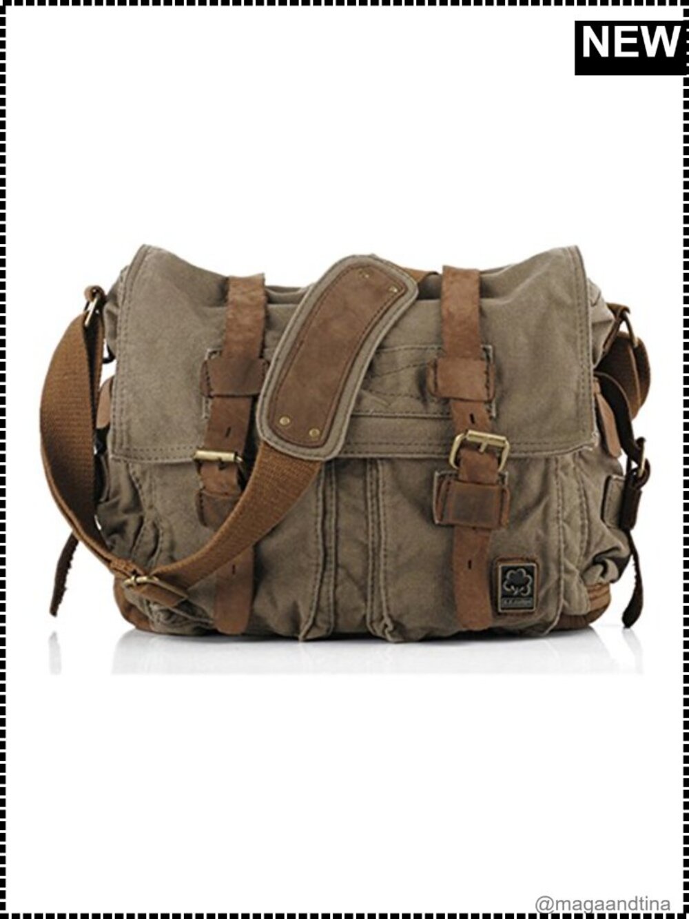 Vintage Military Canvas Leather Messenger Bag Laptop Shoulder Bag Medium